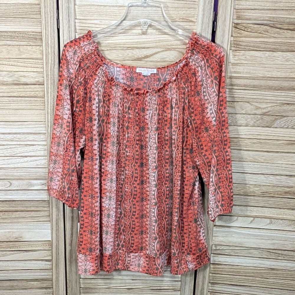 Claudia Richard Blouse Boho Orange/Gray Patterned Size XL